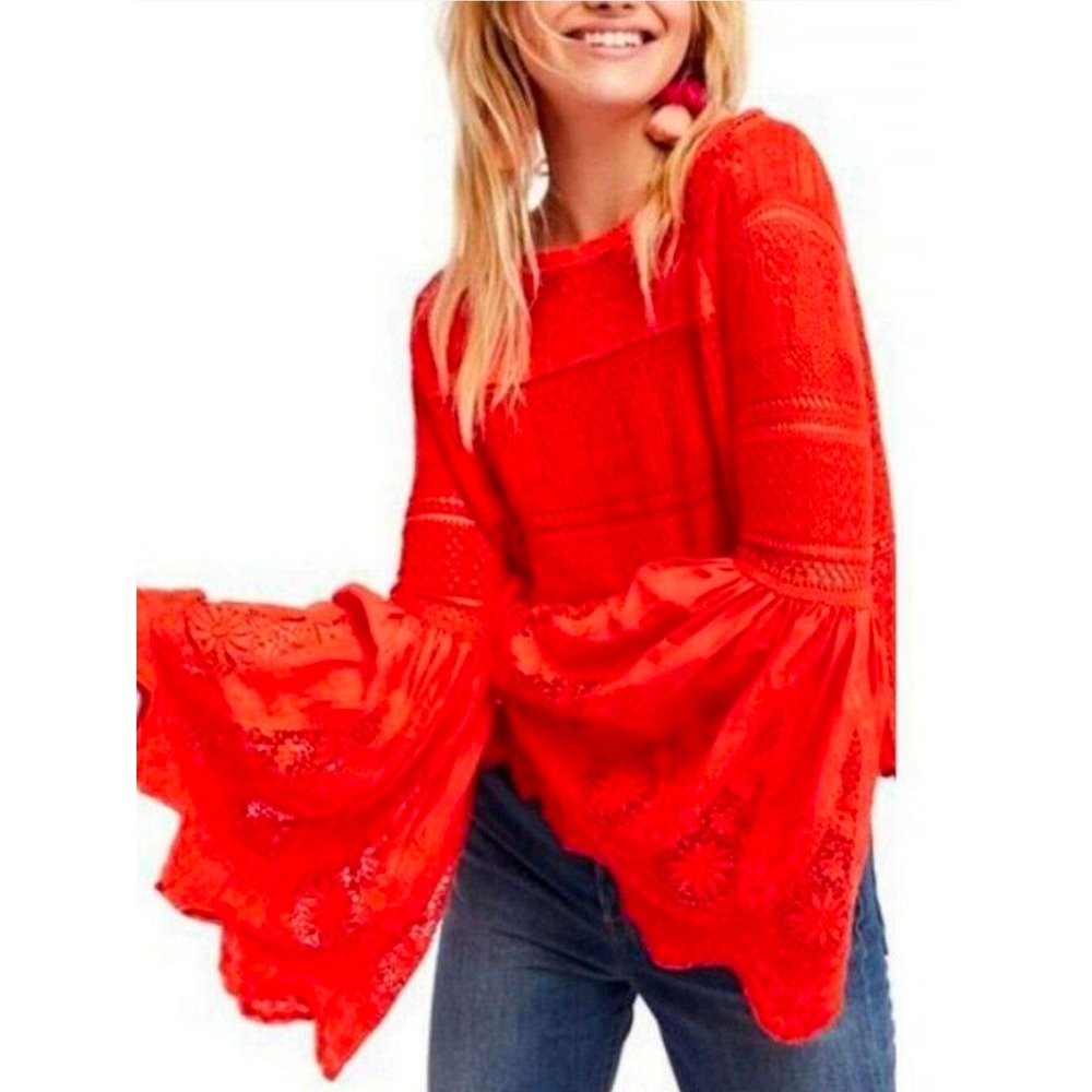 Free People Once Upon a Time Tomato Red Lace Bell Sleeve Top S Cotton Linen